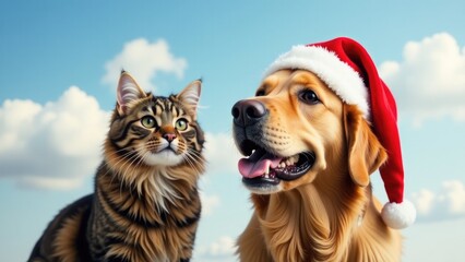 Fototapeta premium A playful cat and dog duo dressed in Santa hats, perfect for festive season or holiday-themed projects