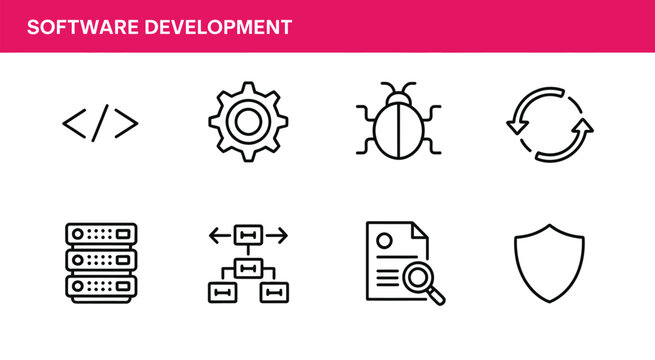 software development icon set, vector illustration of eight steps, including planning, design, coding, testing, debugging, deployment, maintenance, and documentation, isolated on white background.