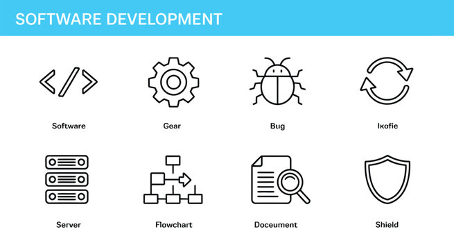 software development icon set, vector illustration of eight steps, including planning, design, coding, testing, debugging, deployment, maintenance, and documentation, isolated on white background.