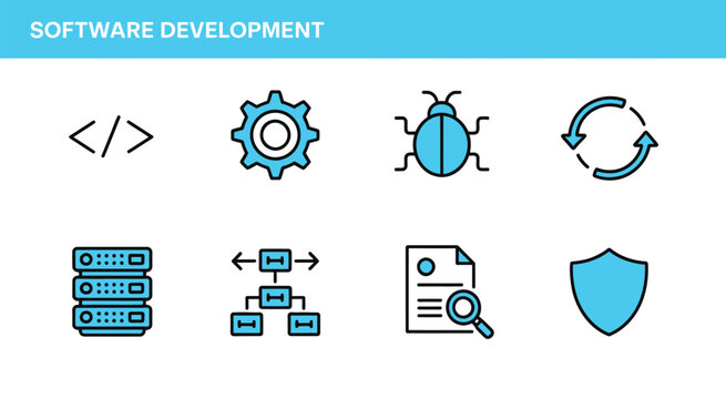 software development icon set, vector illustration of eight steps, including planning, design, coding, testing, debugging, deployment, maintenance, and documentation, isolated on white background.