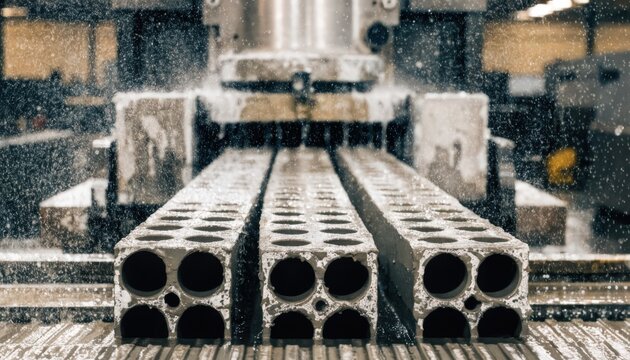 Medium frame capturing perforated clay billets emerging from the extrusion line focusing on precise hole patterns and uniform shaping for enhanced brick functionality.