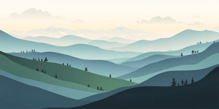 A breathtaking morning panorama of the green mountain landscape features a lush forest of pine trees under a cloudy summer sky with rolling hills and a grassy meadow valley in the Alps scenery.