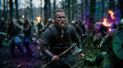 Obraz premium Viking Warrior Leading Charge Through Dark Forest with Battle Axe