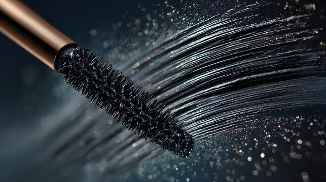 Close up of mascara brush with dramatic brush stroke effect, showcasing texture and detail of bristles against sparkling background
