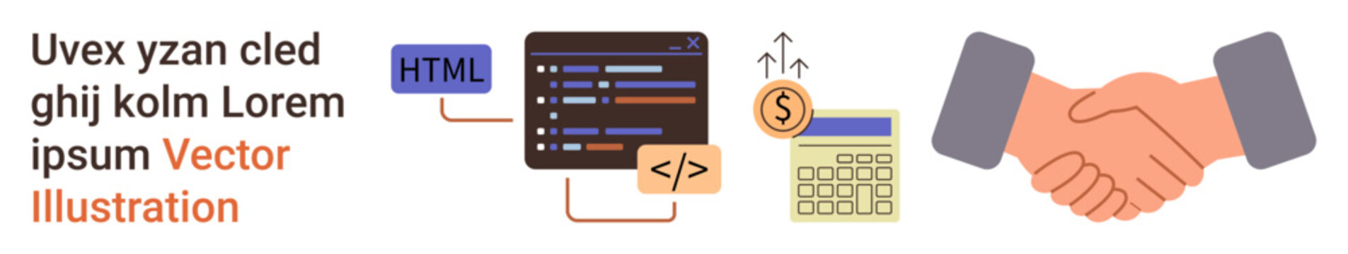 Business collaboration, coding projects, software development, financial planning, programming concepts, and teamwork. A handshake, coding symbols and calculator. Business collaboration and coding