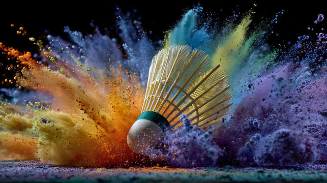 Badminton shuttlecock is captured mid flight with vibrant explosion of colored powder, creating dynamic and energetic scene. colors blend beautifully, showcasing motion and excitement
