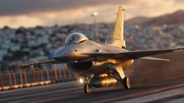 American F-16 preparing for takeoff on coastal airbase runway, ocean visible beyond perimeter fence, warm golden hour light casting long shadows, cinematic tracking shot perspectiv