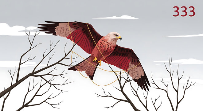 A vector graphic illustration of a red kite bird in flight with outstretched wings soaring above bare tree branches against a gray cloudy sky with the number 333 in the top right corner.