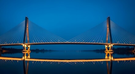 Obraz premium Modern cable-stayed bridge illuminated at night with its reflection on calm water.