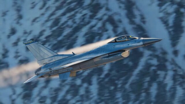 American F-16 soaring above icy arctic mountains meeting a dark northern sea, cold blue color palette, visible cockpit detail, condensation trails forming in freezing air, epic sca