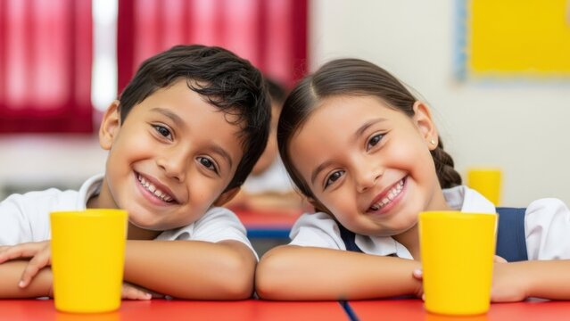 Two happy smiling children with yellow cups in a classroom setting