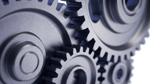 Close up of interlocking metal gears working together in a mechanical system