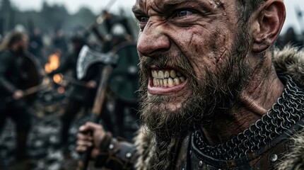 Obraz premium Intense Viking Warrior in Battle Cry with Fierce Expression and Details