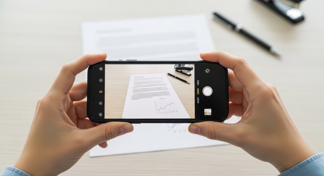 a person taking a photo of a document with a smartphone on a table close up document view paper docu