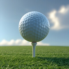 Obraz premium detailed close-up image of a golf ball on a tee, pristine green grass field, hazy blue sky in background, vibrant colors, highly detailed,