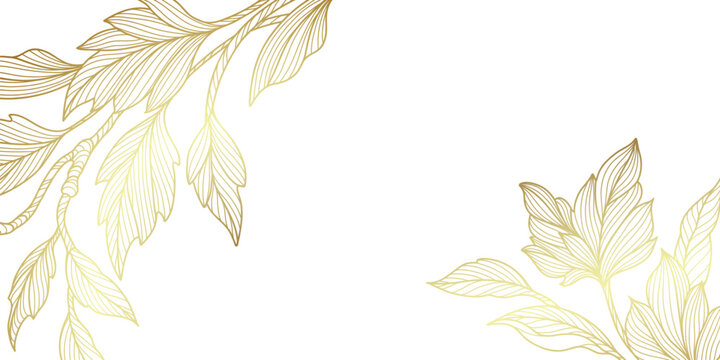 Luxury floral background in line art style with golden hand drawn branches and leaves isolated on white background. Botanical frame, corner. Vector pattern for wedding invitation, card, banner, cover
