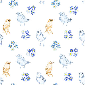 Pattern con uccellini e fiorellini disegnati a mano libera su sfondo bianco