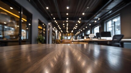 Fototapeta premium A close up shallow depth of field view across a polished wooden table surface in a modern corporate workspace