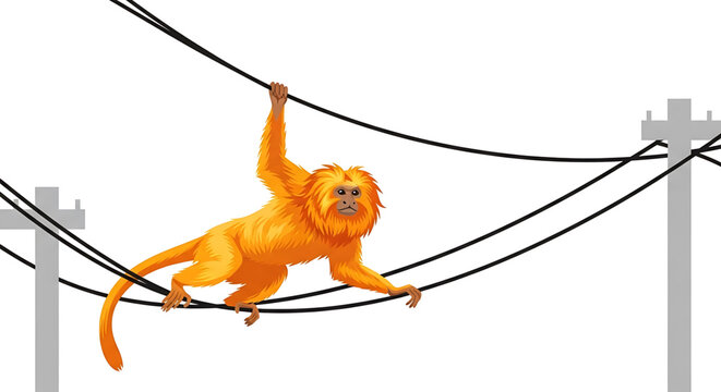 A vibrant orange monkey swinging on power lines with a white background