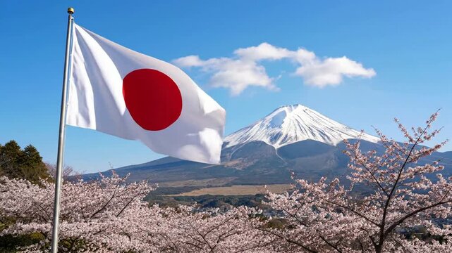 Japanese flag waving with mount fuji and cherry blossoms in spring, iconic japan landscape symbolism