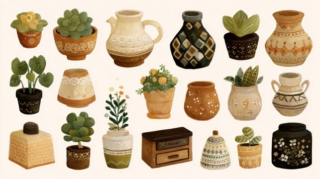 Assortment of decorative ceramic pots and potted houseplants displayed against a light background
