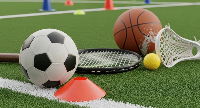 Sports equipment on a green field with white lines and cones background sports equipment outdoor gam
