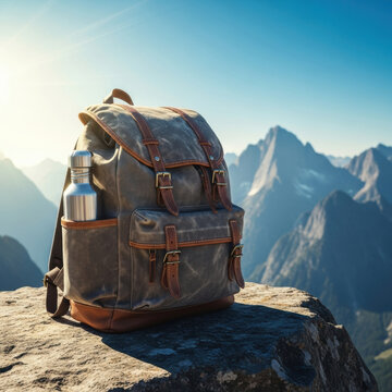 Rugged backpack stainless steel water bottle mountain peak vista hiking gear travel adventure outdoor lifestyle exploration