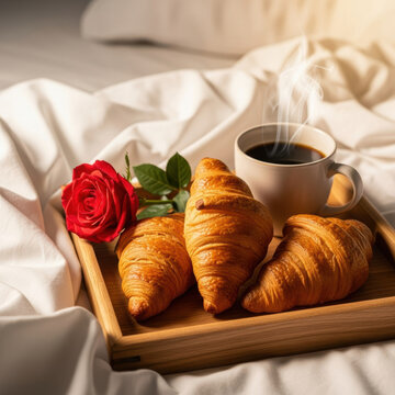 Warm breakfast tray with croissant croissant croissant coffee rose bed linens romantic morning comfort