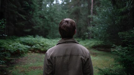 Naklejka premium A solitary figure stands with their back to the viewer enveloped by the deep vibrant greens of a dense forest clearing