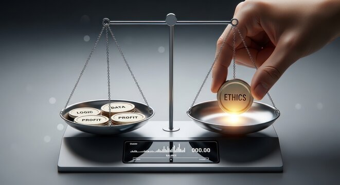 Hand placing ethics coin on scale against logic profit, for balance between moral values business success for sustainable fair corporate decision making process