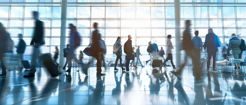 Wide angle shot of passengers walking through a modern airport terminal, showing travel flow, movement, transit activity and contemporary transportation environment.