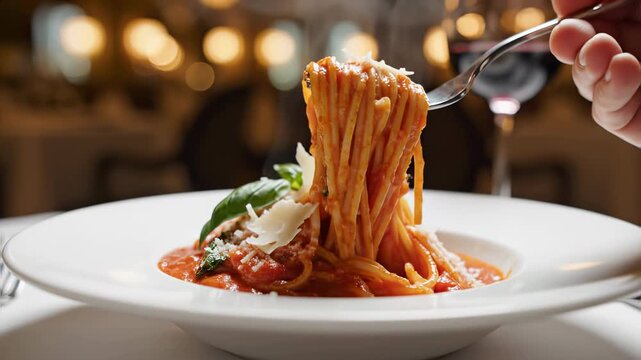 Closeup of hand twirling spaghetti in rich tomato sauce with basil and shaved parmesan on a white plate at a restaurant table, ideal for dining, Italian cuisine, menu and food service concepts