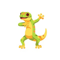 Fototapeta premium A charming cartoon-style lizard is depicted in a playful pose, standing with its arms raised. The illustration utilizes vibrant colors, emphasizing its scales