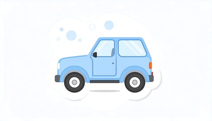 Fototapeta premium A cartoon-style illustration shows a light blue compact car. The vehicle is surrounded by stylized, airy bubbles against a clean white background