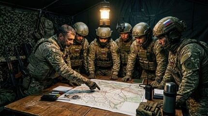 Fototapeta premium Soldiers Strategizing Over Map in Military Command Tent