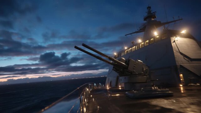 Cinematic close-up of Phalanx CIWS during twilight, navigation lights glowing softly, dark ocean fading into blue hour sky