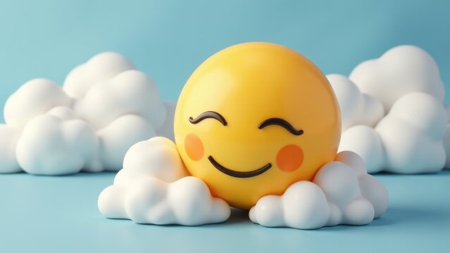 A bright yellow smiling face sits amidst fluffy white clouds, perfect for sunny days or happy occasions