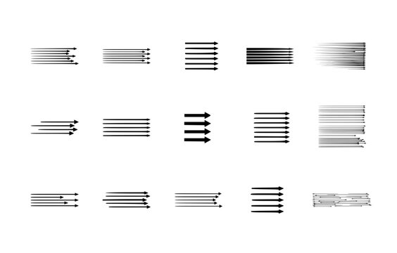 Set of minimalist multi-line motion arrows, creative speed lines and abstract parallel directional pointers vector illustration.
