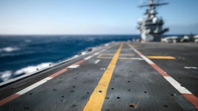 Close-up of catapult track embedded in the flight deck, leading toward the bow, wide open sea dominating background under crisp daylight