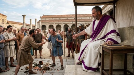 Fototapeta premium Ancient Roman Marketplace Dispute with Judge and Witnesses