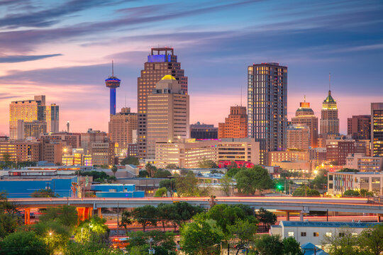 San Antonio, Texas, USA. Aerial cityscape image of downtown San Antonio, Texas at beautiful spring sunrise.