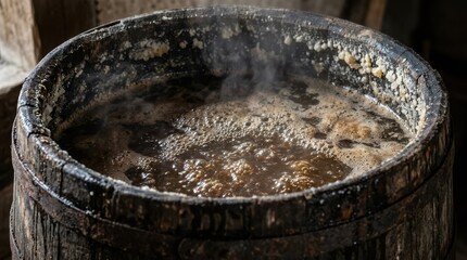 Fototapeta premium Bubbling Brew in Rustic Barrel with Steam Rising Above Surface