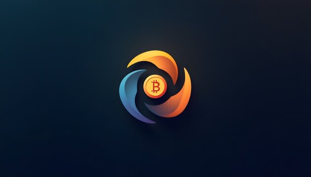 Abstract colorful swirl motion design around a Bitcoin logo on dark background. Concept of cryptocurrency exchange, fast transaction, and digital money flow.