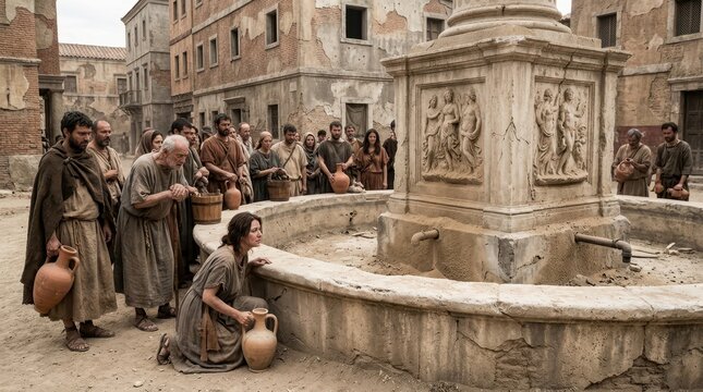 People Gather Around Old Stone Fountain in Historic Village Scene