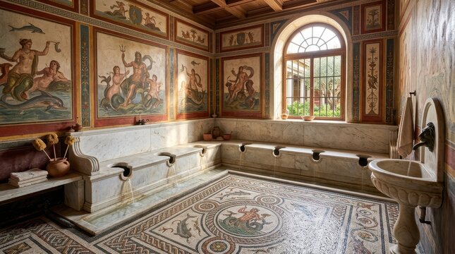 Ancient Roman Bath Interior with Decorative Mosaics and Murals