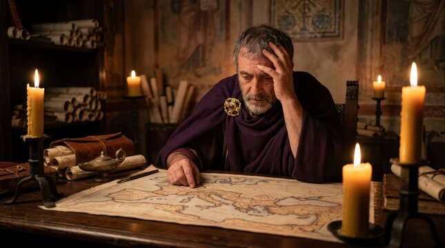 Reflective Elder Studying Ancient Map in Candlelit Room