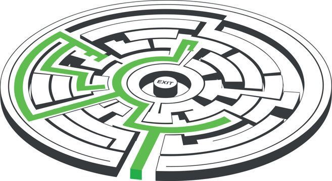 A circular maze with a green path on transparent background