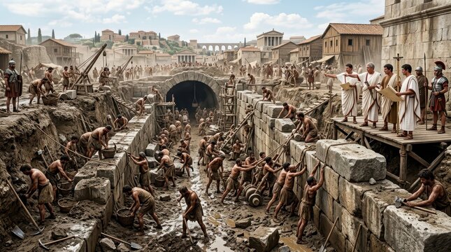 Ancient Roman Construction Scene with Workers and Officials Overseeing