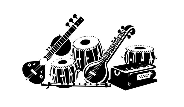 Colorful cartoon Indian musical instruments vector illustration with sitar tabla veena flute and harmonium in playful style isolated on white