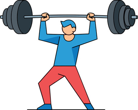 A cartoon man lifting a heavy barbell in a gym on transparent background